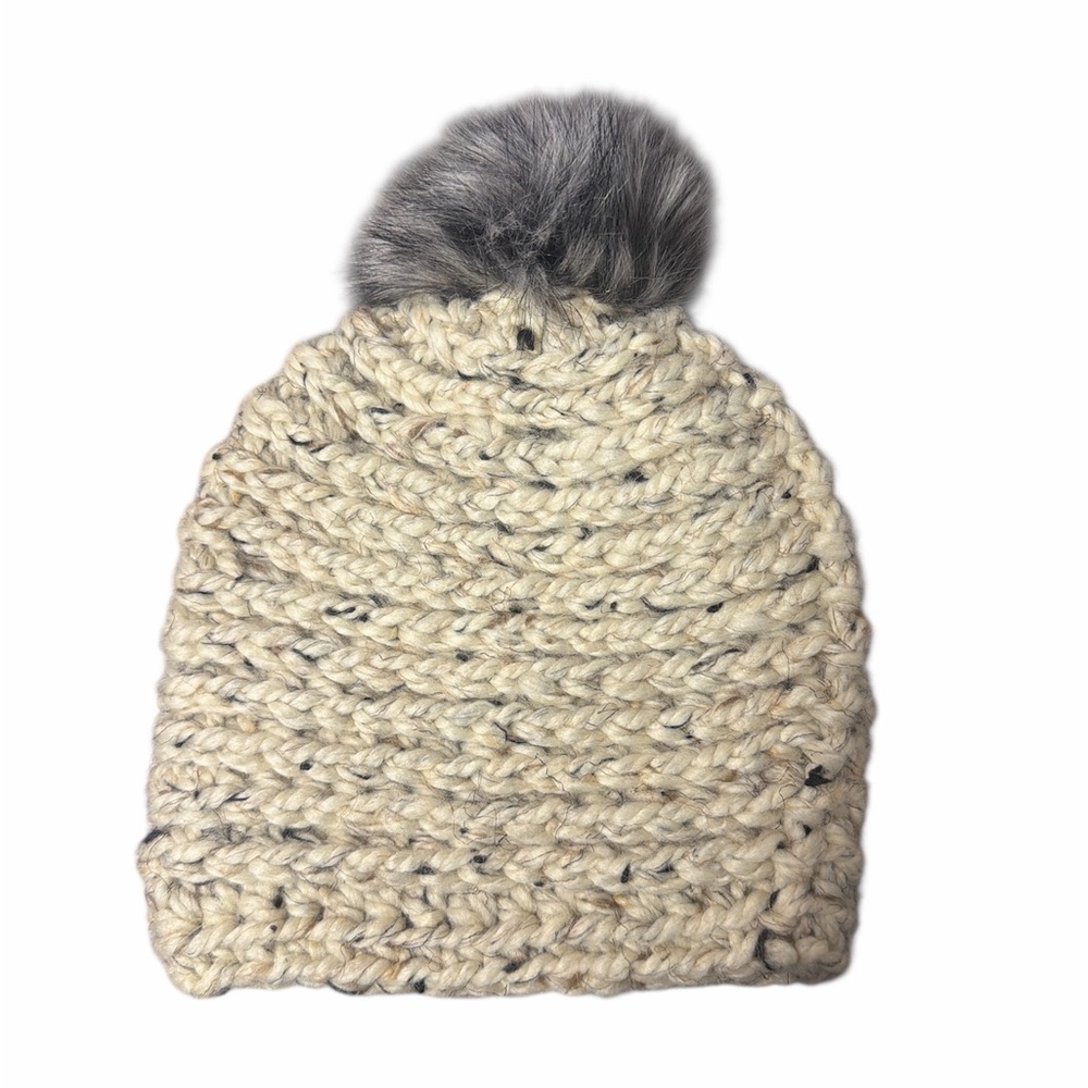 Tan cream crochet beanie with removable grey Pom